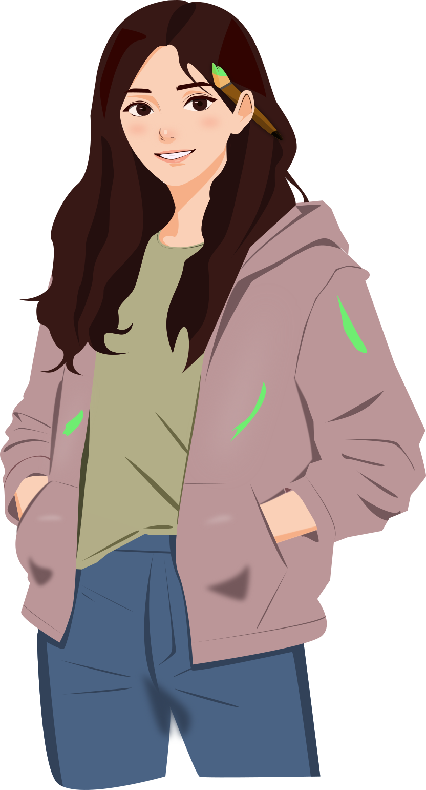 [9:16] Amalia protagonista otome Corazón A La Carta como pintora + Paleta pincel lienzo estudio arte fanart programa artistas + Anime visual novel estilo promo violeta magenta + Luz suave cálida estudio creativo + Retrato vertical rostro visible parte superior + PNG alta calidad web