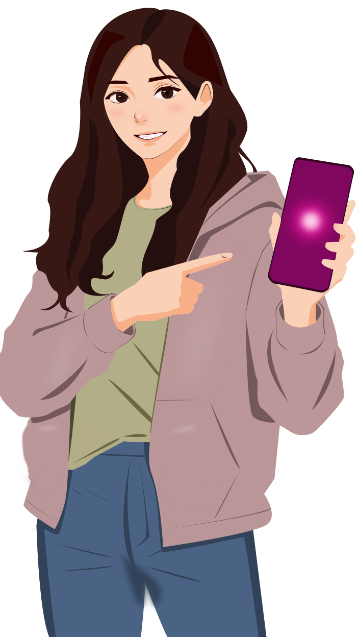 [9:16] Amalia protagonista otome Corazón A La Carta + Señala invitando a la preventa sonrisa cómplice + Anime visual novel estilo promo CALAC + Luz suave magenta y sombras cálidas + Retrato tres cuartos mano extendida + PNG alta calidad recorte suave